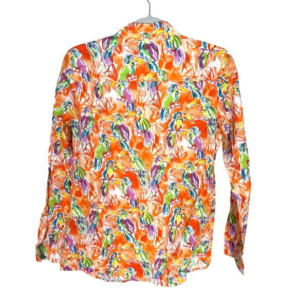 J. McLaughlin Toucan Print Button Down Shirt Orange Multicolor Size Small - Picture 2 of 4
